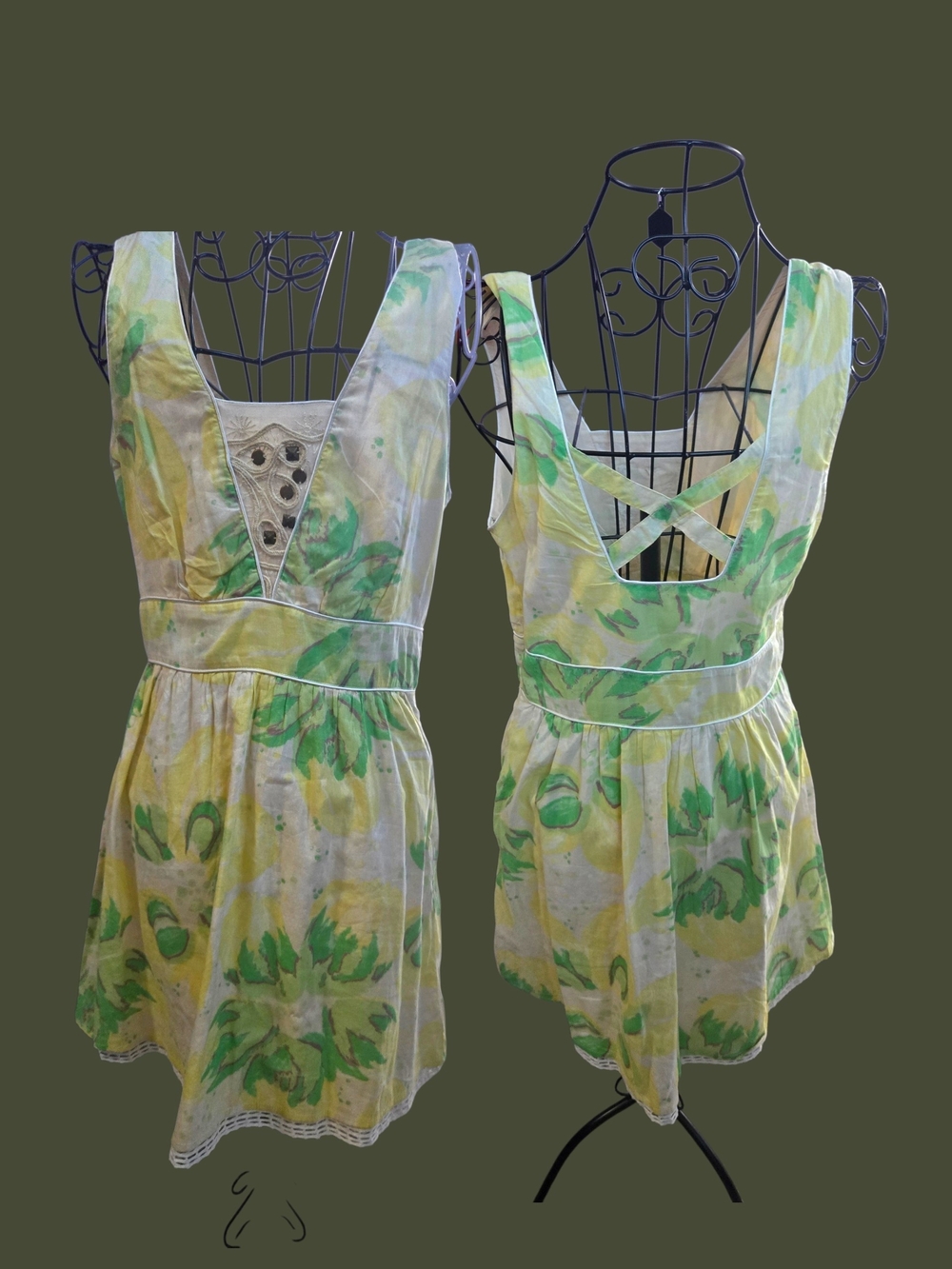 Yellow & Green Floral Sundress By Free People Y2k 6 Cotton Crisscross Back